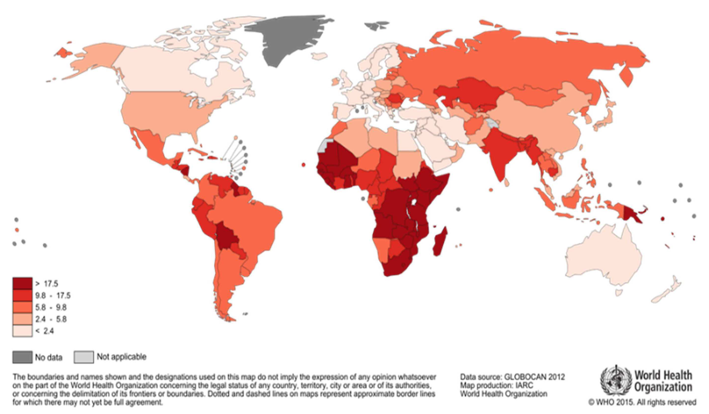 Image of a map showing the estimated cervical cancer mortality worldwide in 2012 Image of a map showing the estimated cervical cancer mortality worldwide in 2012