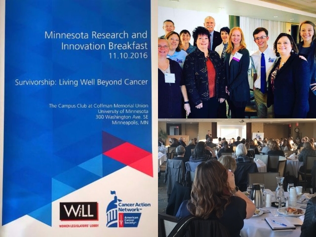 Clockwise from left: event program cover; ACS CAN volunteers and staff with Dr. Len Lichtenfeld; Dr. Anne Blaes addresses the audience