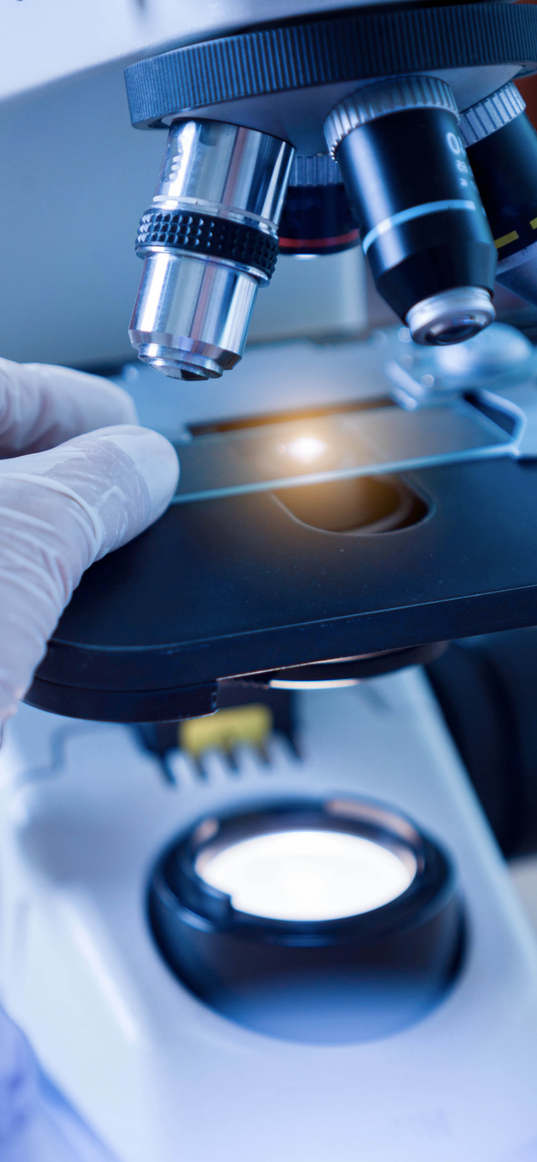 Scientist hands with microscope, examining samples and liquid  Medical research with technical equipment