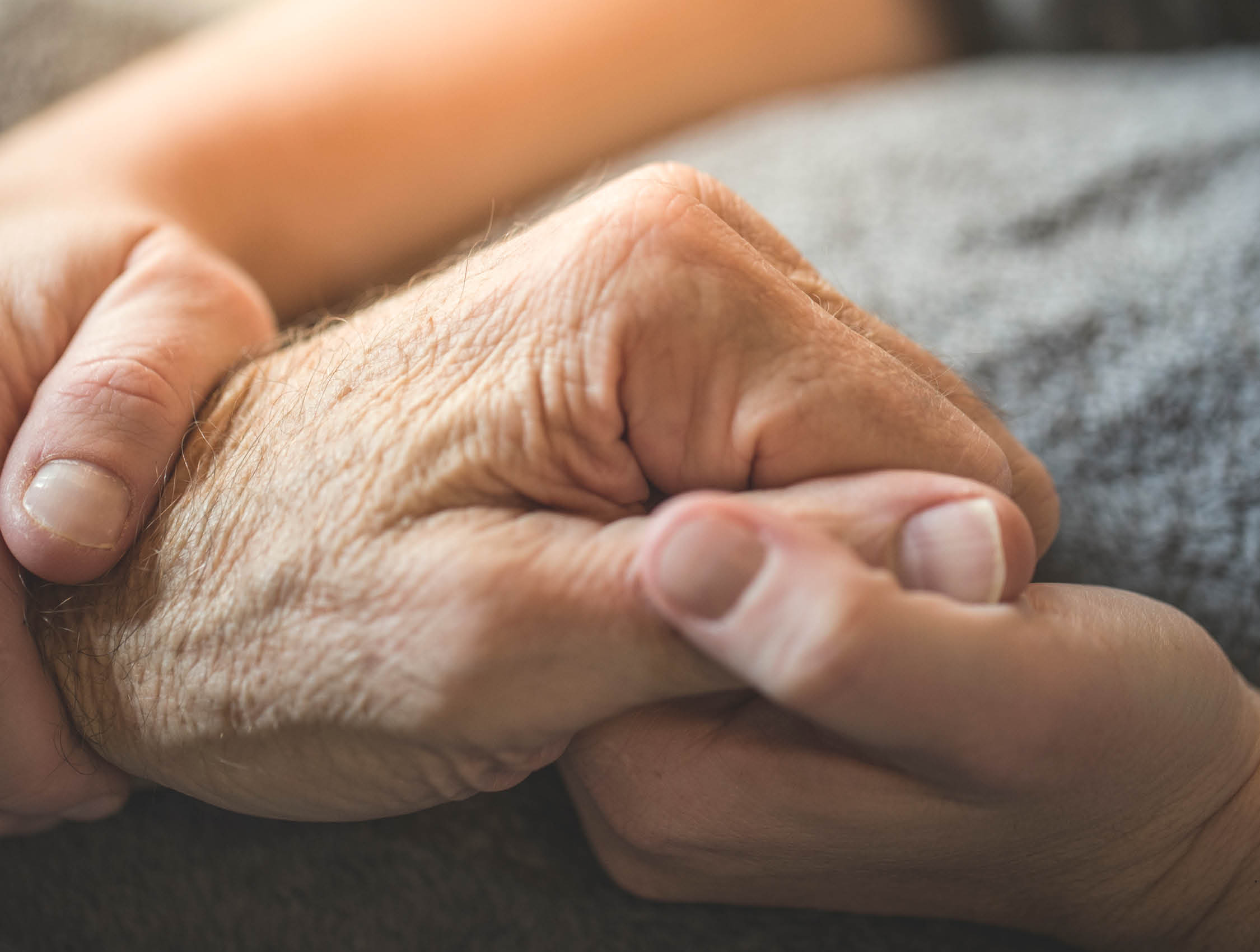 A stock photo of a young woman holding her Elderly fathers hands who is currently being cared for on a home hospice program  Photographed using the Canon EOS 1DX Mark II  Perfect for designs or articles about caring for the elderly or home hospice care and nursing