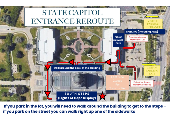 image of capitol grounds with arrows/directions to the display location