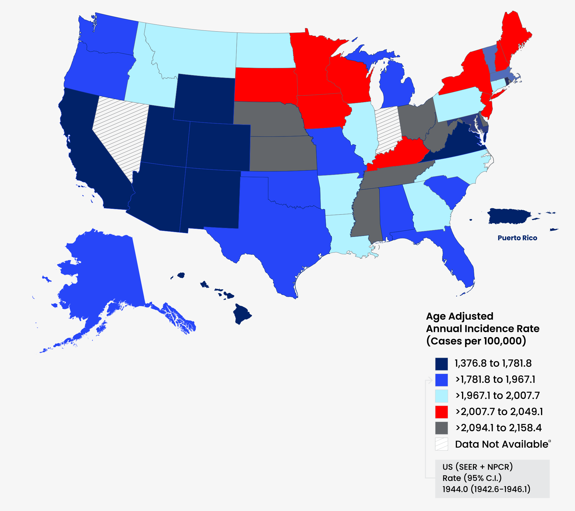 Figure 1: Incidence Rates for United States by State, All Cancer Sites, 2016-2020