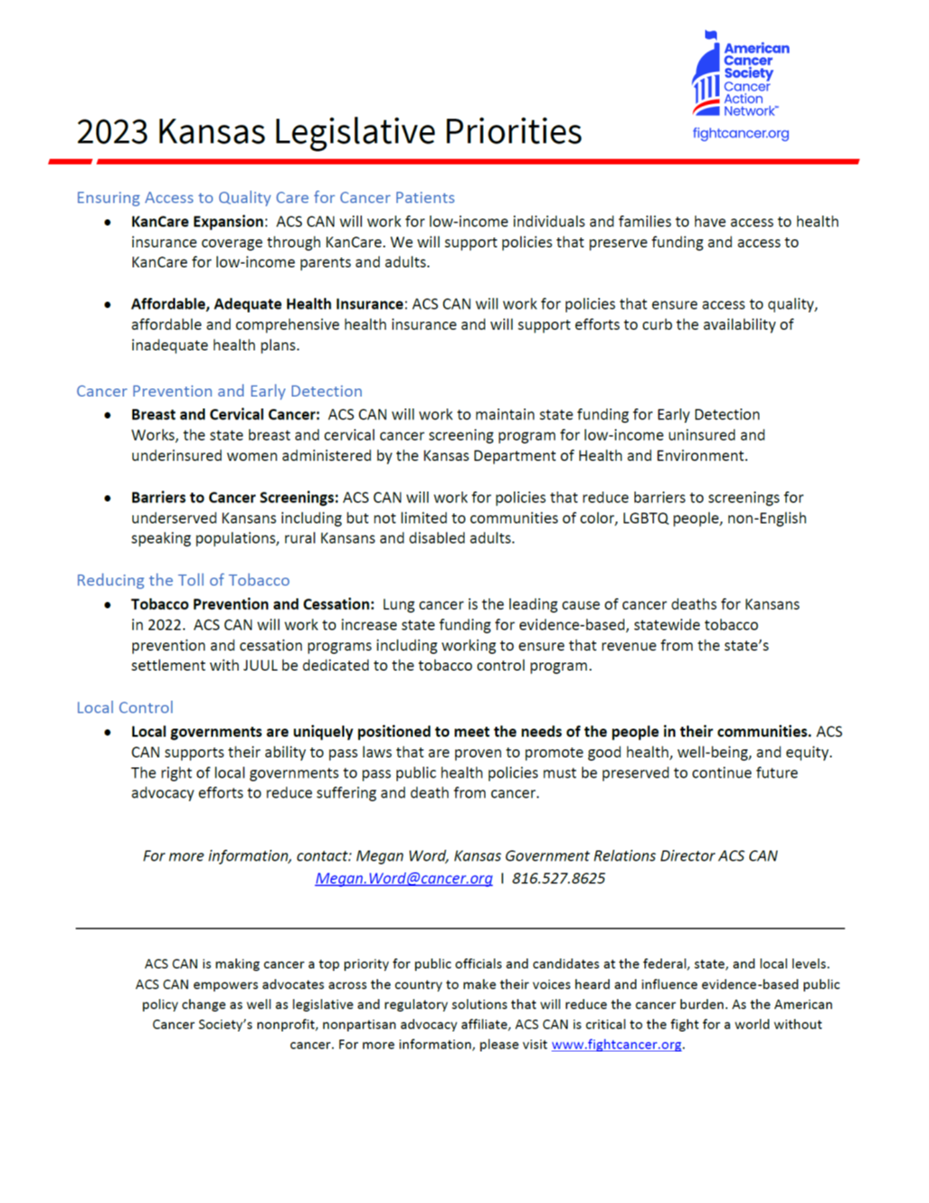 2023 Kansas Legislative Priorities American Cancer Society Cancer