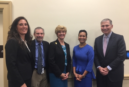 ACS CAN volunteer Jackie Beale (second from right) joins cancer doctors and researchers at a Capitol Hill briefing. 