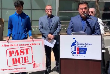 Cancer advocates outside the San Francisco Federal Building tell Congress affordable health care is past due.