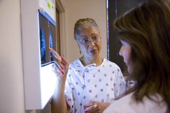 Women discussing mammogram results with her physician.