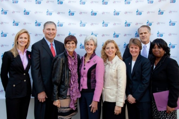 Photo of Kathleen Sebelius, Rep. Rosa DeLauro, Rep. Debbie Wasserman Shultz and others attending Breast Cancer event