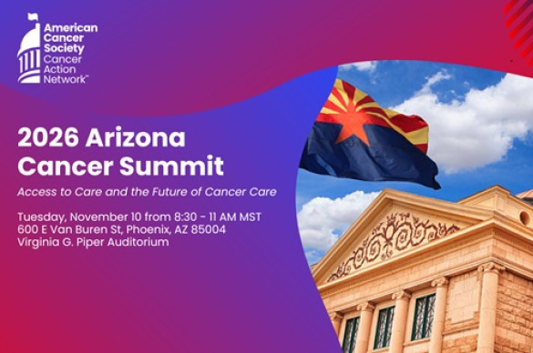 Arizona state capitol building and flag with the ACS CAN logo and Arizona Cancer Summit title