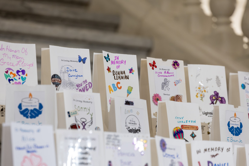 Paper bags decorated with text and drawings 