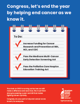 Screenshot of our Must Do ad urging Congress to prioritize cancer in a year-end package. Features a checklist with cancer-fighting legislation.